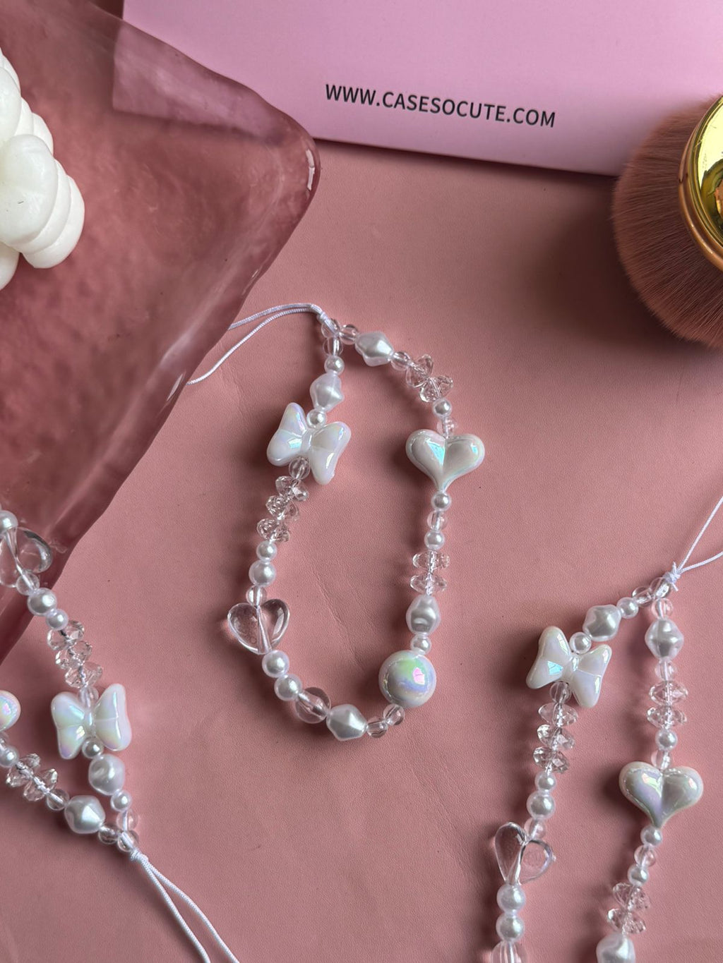 Pearl Bow Phone Charm with iridescent bow, heart and pearl beads — Cases O Cute