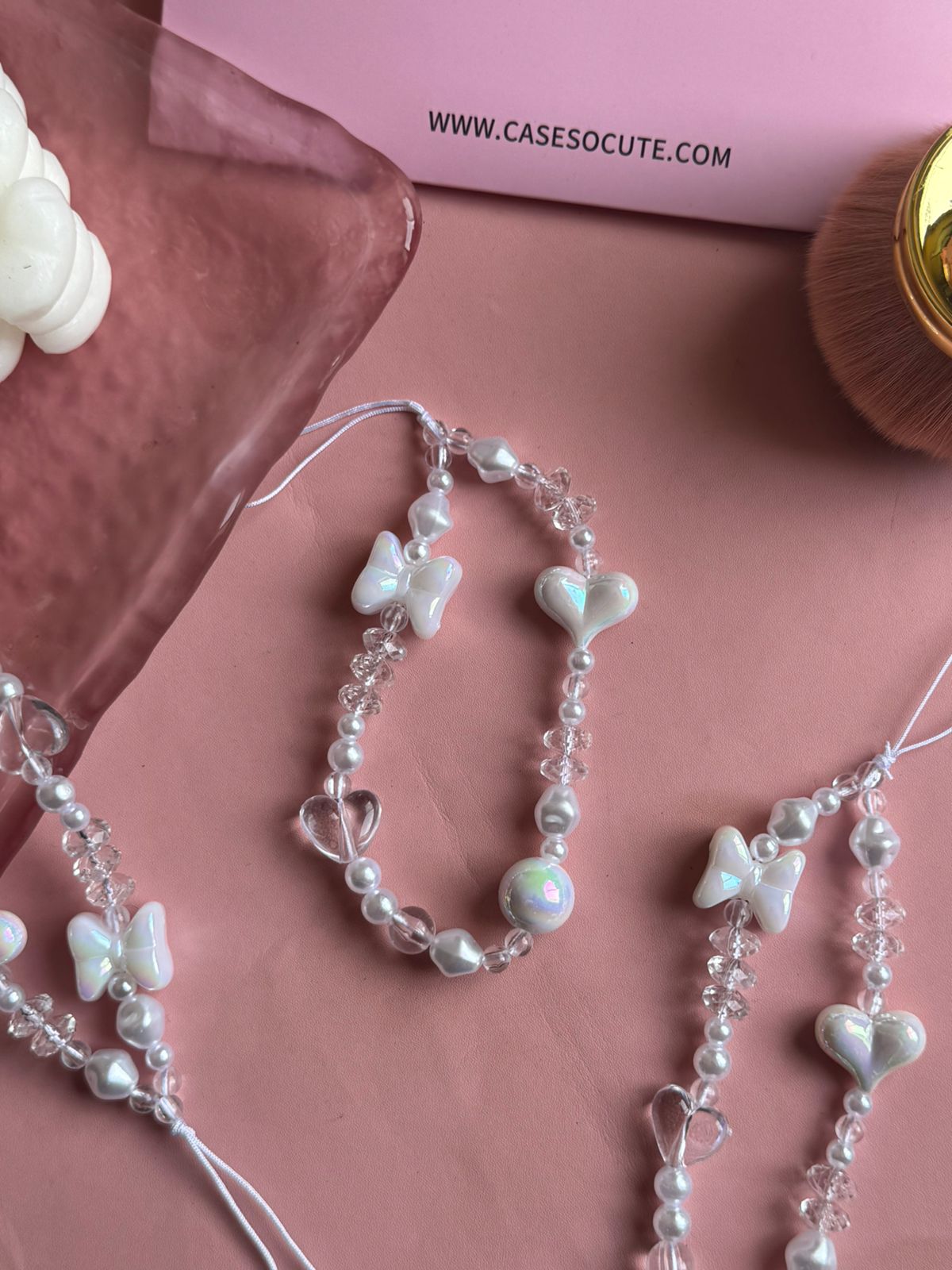 Pearl Bow Phone Charm with iridescent bow, heart and pearl beads — Cases O Cute